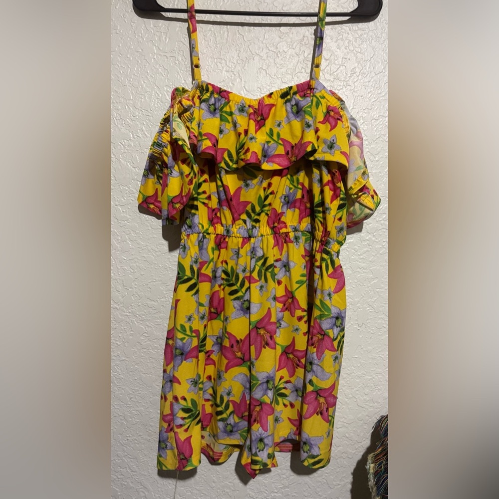 5$/20 or $5 alone Floral Yellow Romper(shorts) with Pink and Purple Accents
